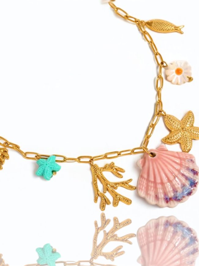 Collana con Stella Marina e Conchiglie (Acciaio Inossidabile-Gold)