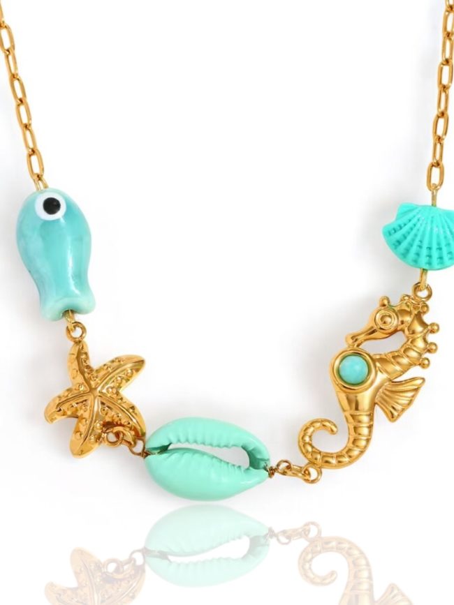 Collana donna con decorazioni a tema marino (Acciaio inossidabile, color oro e turchese)