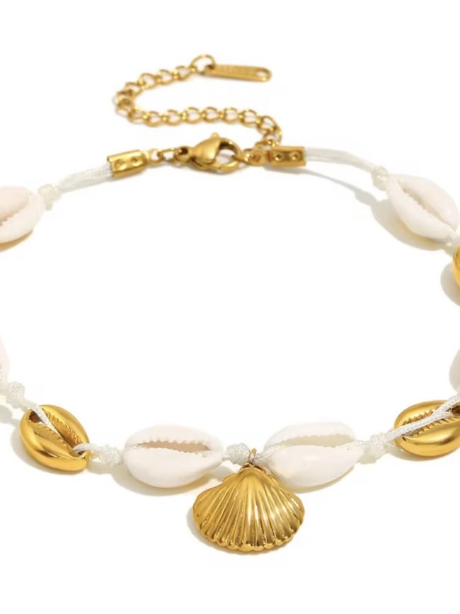 Cavigliera donna con decorazione di Conchigliette sintetiche e Conchiglie Dorate (Acciaio inossidabile-Gold)