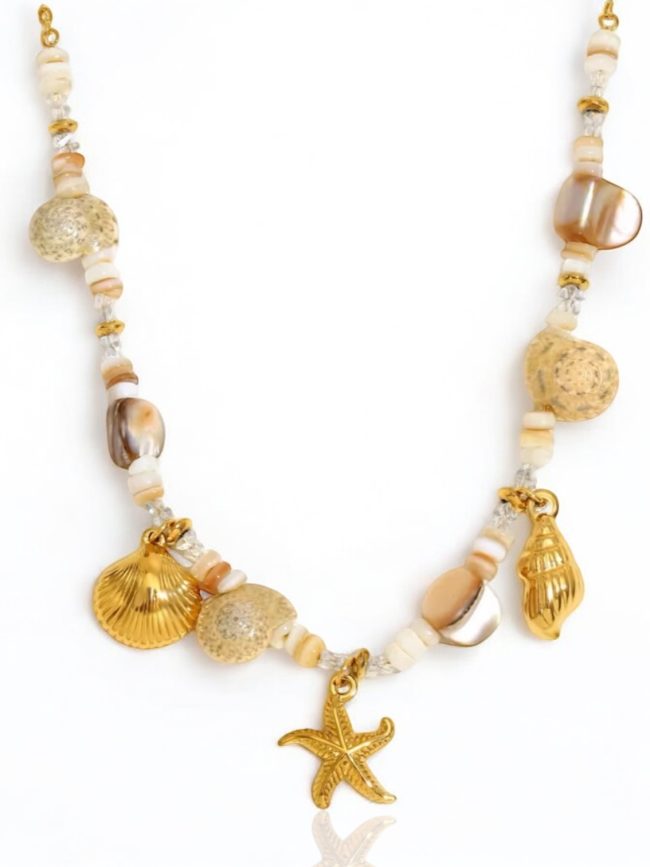 Collana donna con decorazione conchiglie e Stella Marina (Acciaio Inossidabile-Gold)